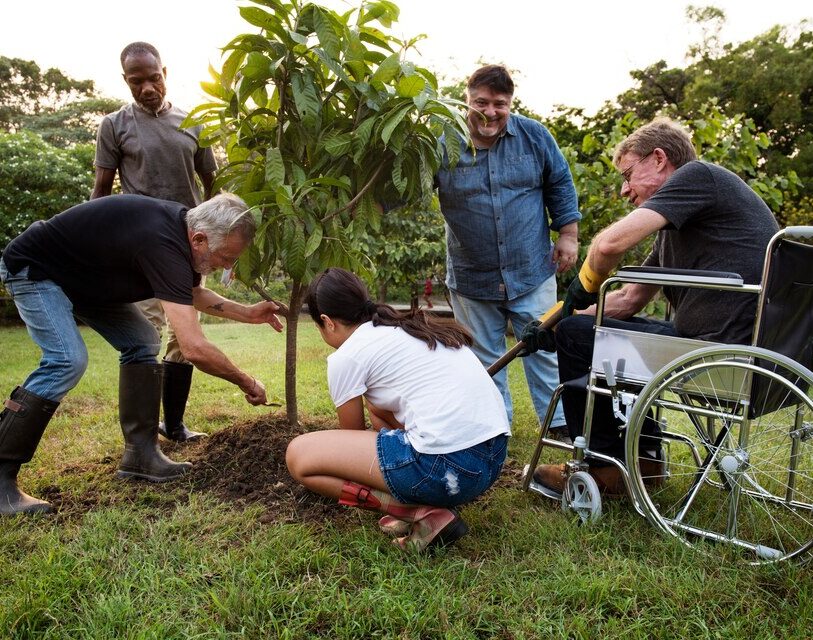 Group of people, including a person in a wheelchair, planting a tree together in a garden, promoting community involvement and support.